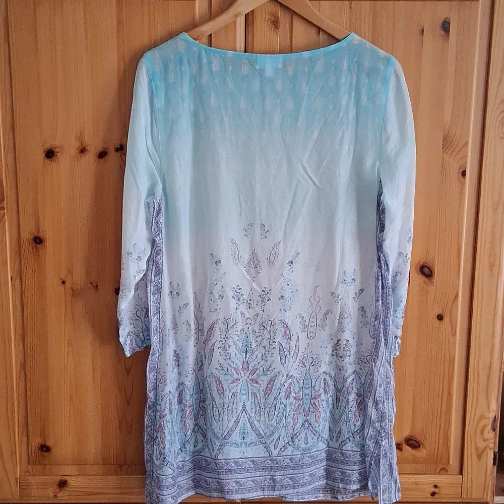 J. Jill Blue Lilac Blue Ombre Pastel  Paisley Boho Coastal Tunic Blouse Size M - Picture 7 of 9